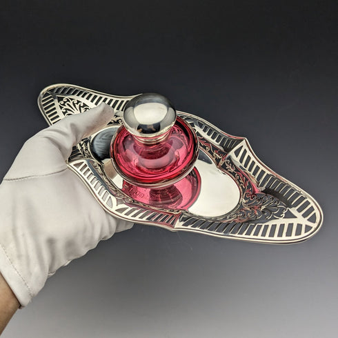1896 British Antique Sterling Silver Inkwell and Saucer Set Sibray, Hall